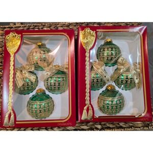 Vtg Rauch Glass Christmas Ornaments Lot 8 Green Gold Glitter Bows Victoria USA